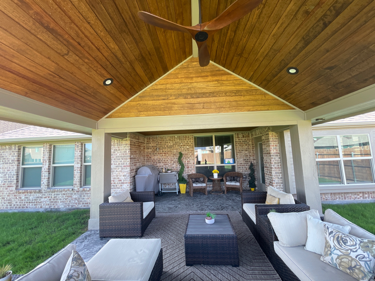 Mesquite, TX, gable roof covered patio open end with decorative truss ...